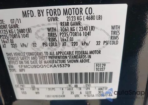 2012 Ford Escape Xlt из США, поврежденный, VIN 1FMCU9DG1CKA15379